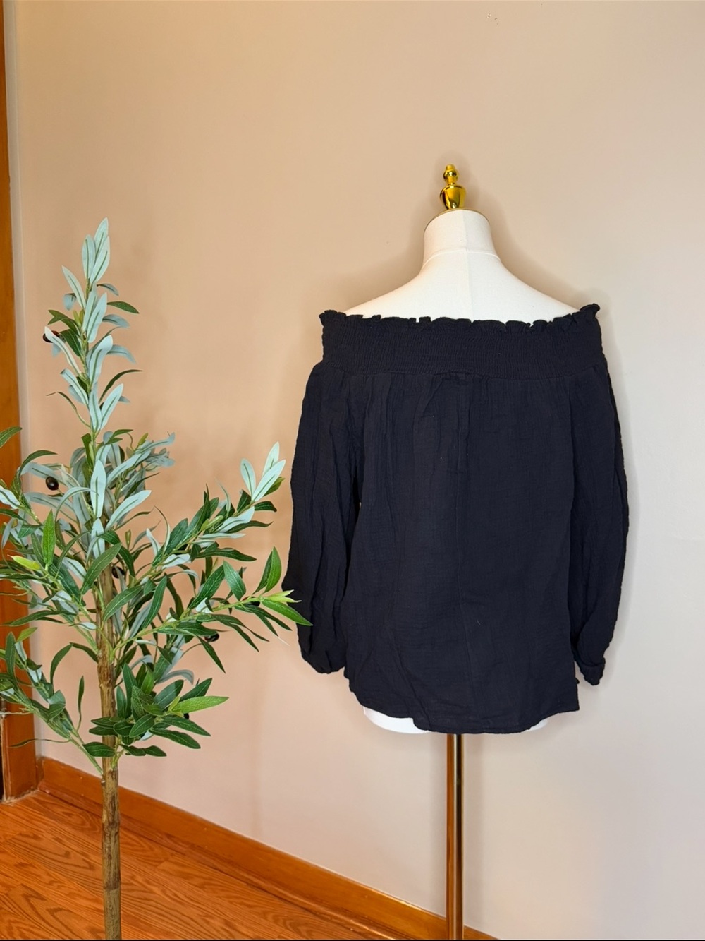 490. Magnolia Boutique Off-Shoulder Black Smocked-Neck Blouse - Women Tops - Picture 4 of 4